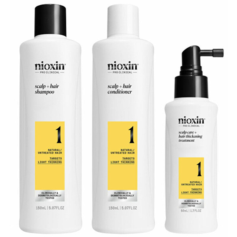 „Nioxin System 1 Set“ – priežiūros rinkinys ploniems, šiek tiek retėjantiems natūraliems plaukams