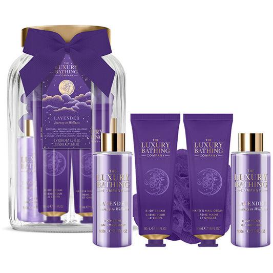 „Luxury Bathing Company“ kūno priežiūros dovanų rinkinys stikliniame indelyje (levandų)